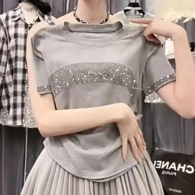 Diamond-in Gray Short-sleeved T-shirt for Women Summer T-shirt Top 2025 New Fashionable Stylish Shirt Jacket Pure Cotton Top