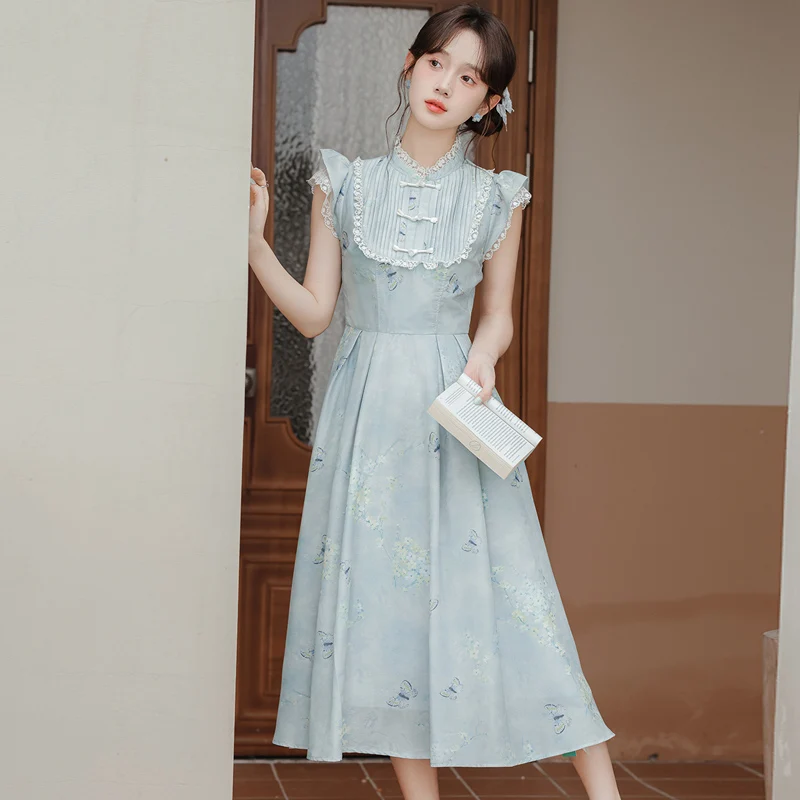 새로운 중국 스타일 레트로 민족풍 여성 여름 신상품 허리 조임 슬림 프린트 롱 드레스