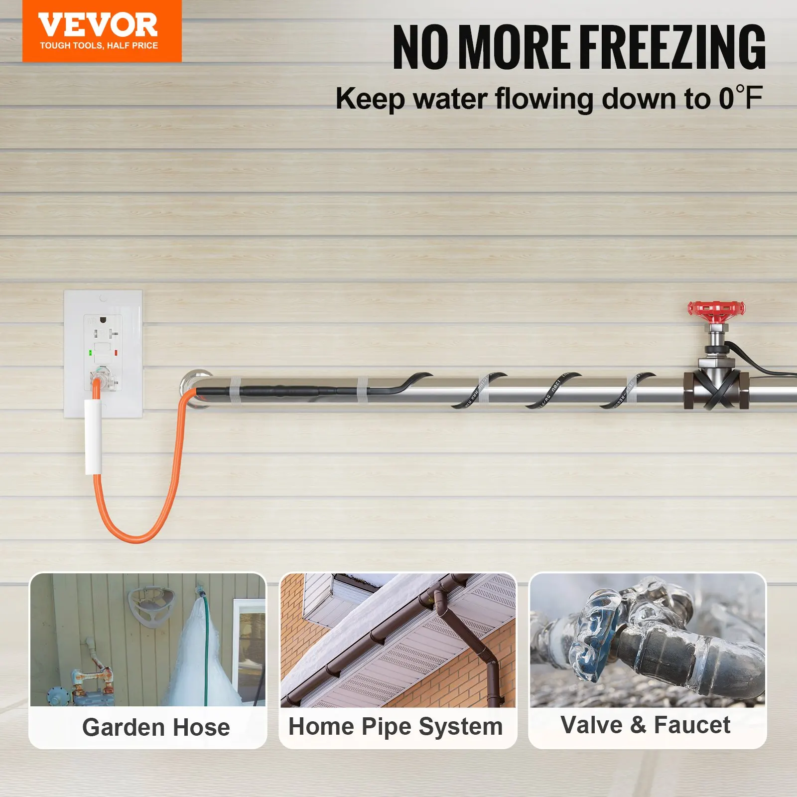 Self-Regulating Pipe Heating Cable, 15FT 5W/FT Heat Tape For Pipes Freeze Protection, Water Pipe Heat Cable With Built-in Thermostat Protects PVC Hose, Metal And Plastic Pipe From Freezing
