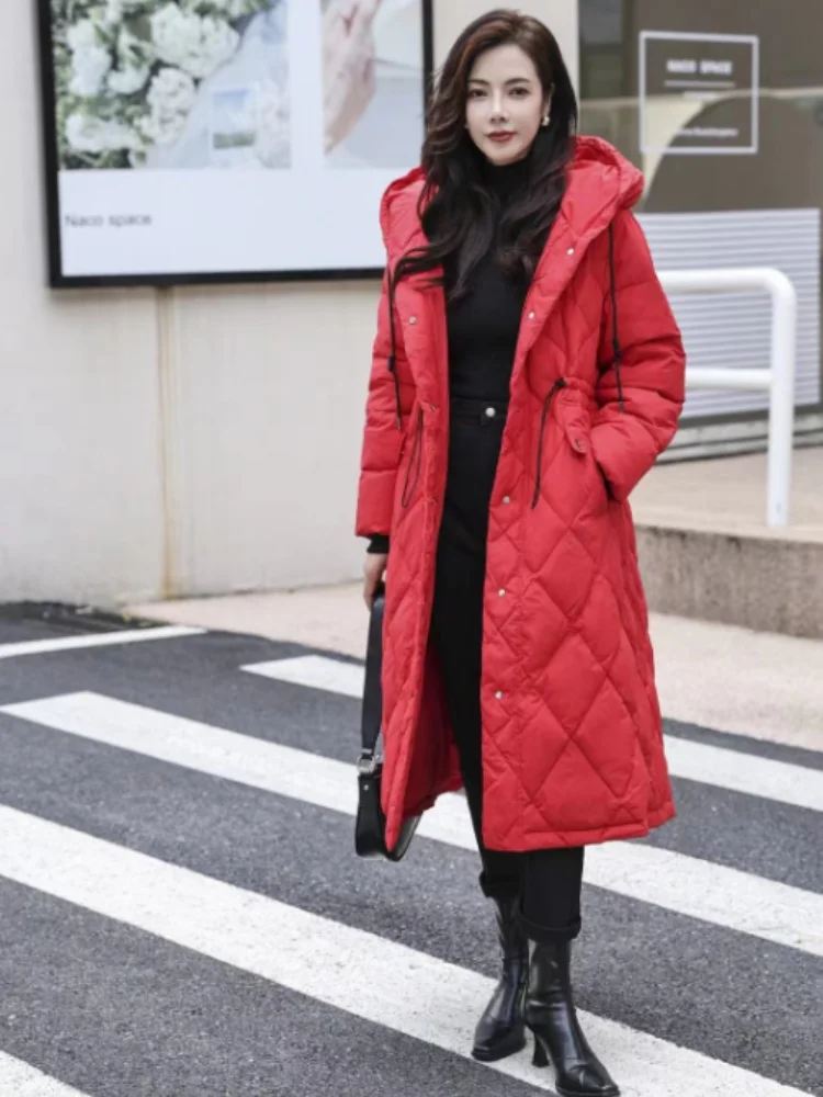 Winter Mid-length Knee-length Warm Coat Women\'s Down Jacket Loose Hooded White Duck Down Jacket 2024 New Fashion Casual Parkas