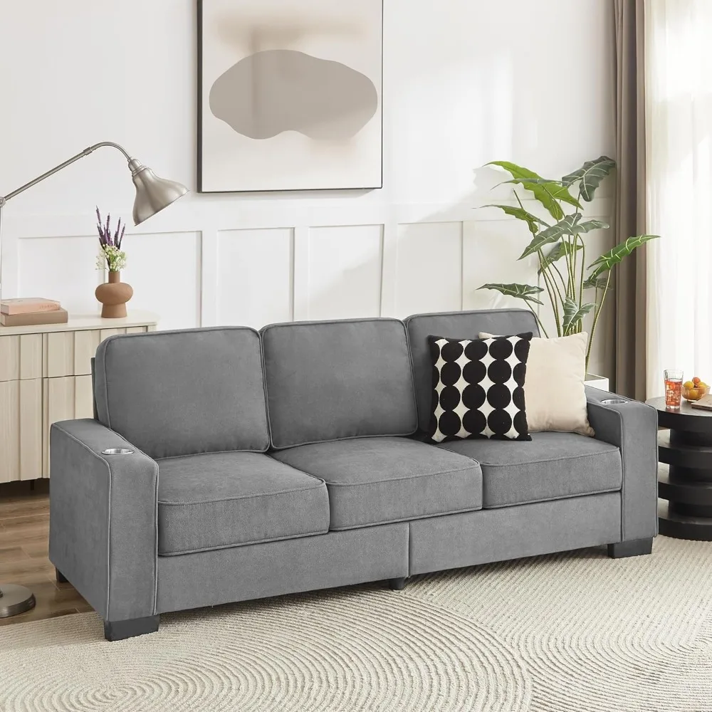 83,86 Zoll moderne 3-Sitzer-Sofabouch, gepolsterte Sofas aus Schneefleece-Stoff, bequeme Sofas mit 2 Getränkehaltern für das Wohnzimmer