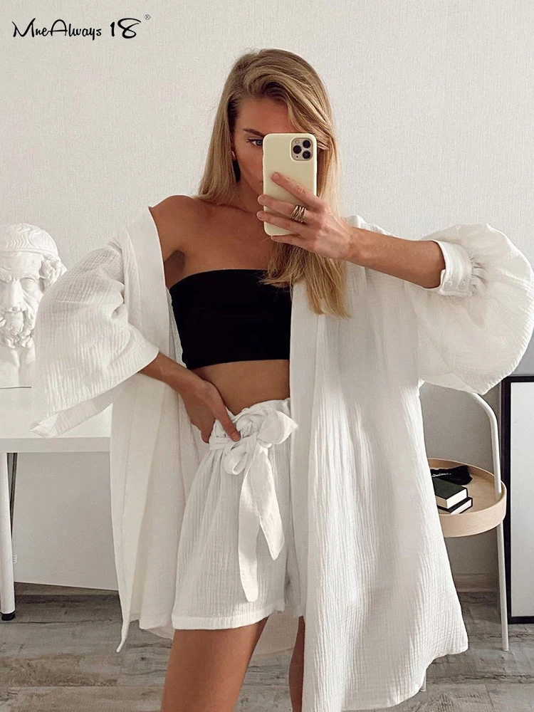 Mnealways18 White Crape Cotton Shorts Sets Women Two Pieces Robe Casual Outfits Crape Blouses And Shorts Homewear 2024 Ladies