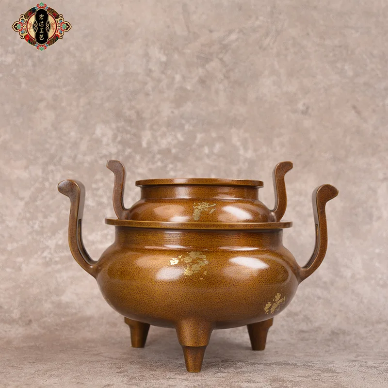All-brass burner with gold-plated purple copper finish, used for offering incense and burning fragrant woods like agarwo