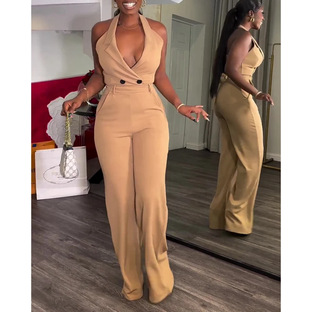 Women Elegant Sleeveless Halter Backless Deep V-Neck Jumpsuits Lady Summer Wide Leg Work One-Piece Jumpsuit Workwear Outfit