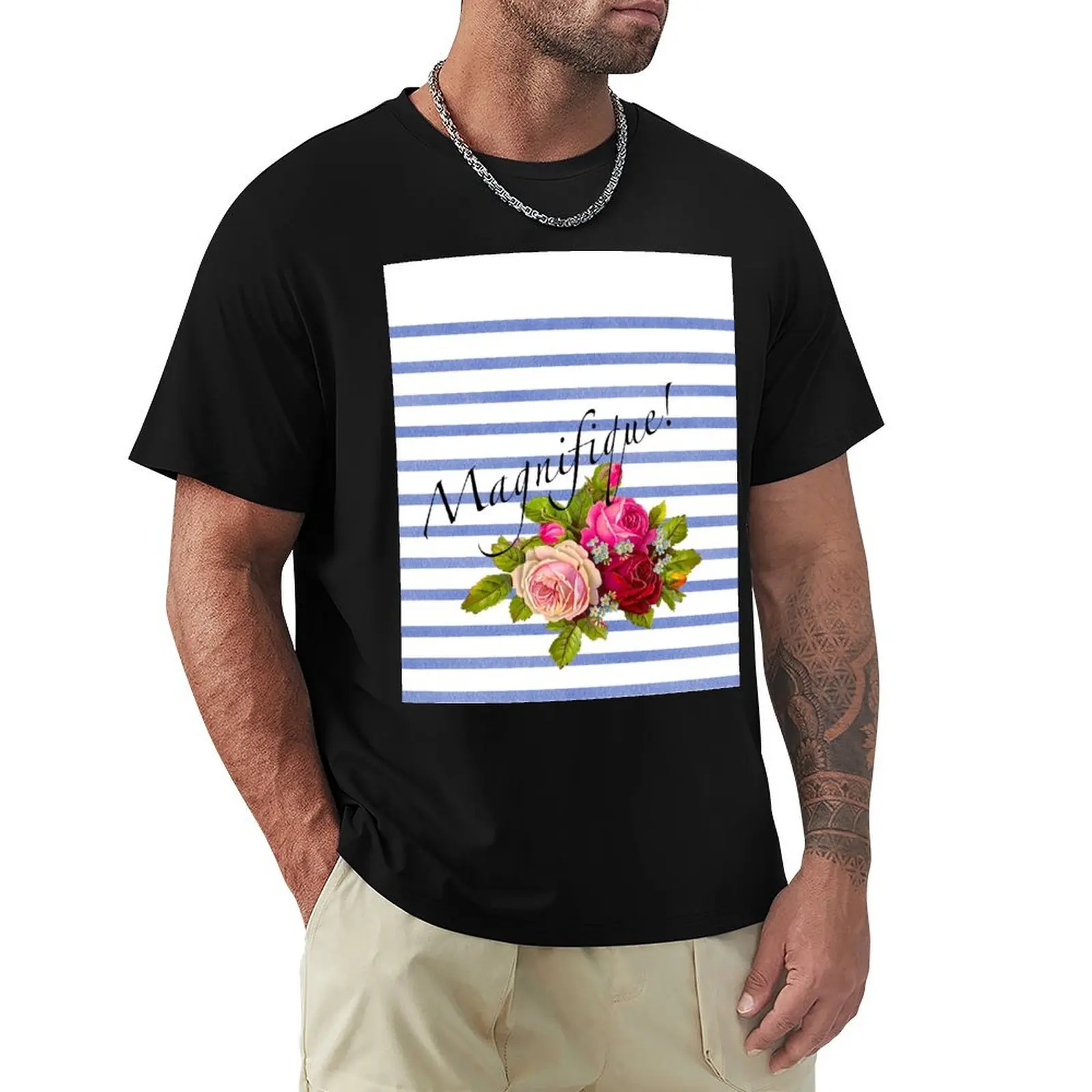 Camiseta Francesa con Rayas Brenton y Rosas Parisinas Vintage, Camisa de Trabajo de Manga Corta