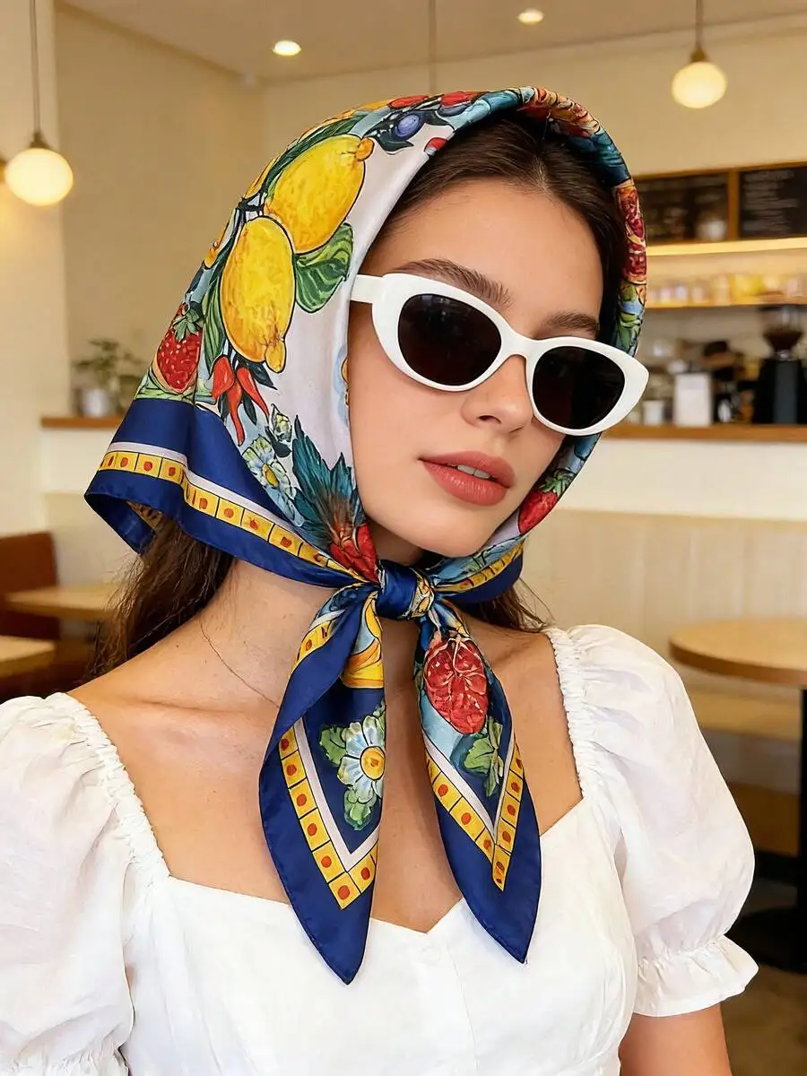 

1pc Spring/Summer Beach Accessory, 27.6 Inch Square Silk Scarf, Lemon Print Neckerchief, Suitable For Travel, Beach And Daily We