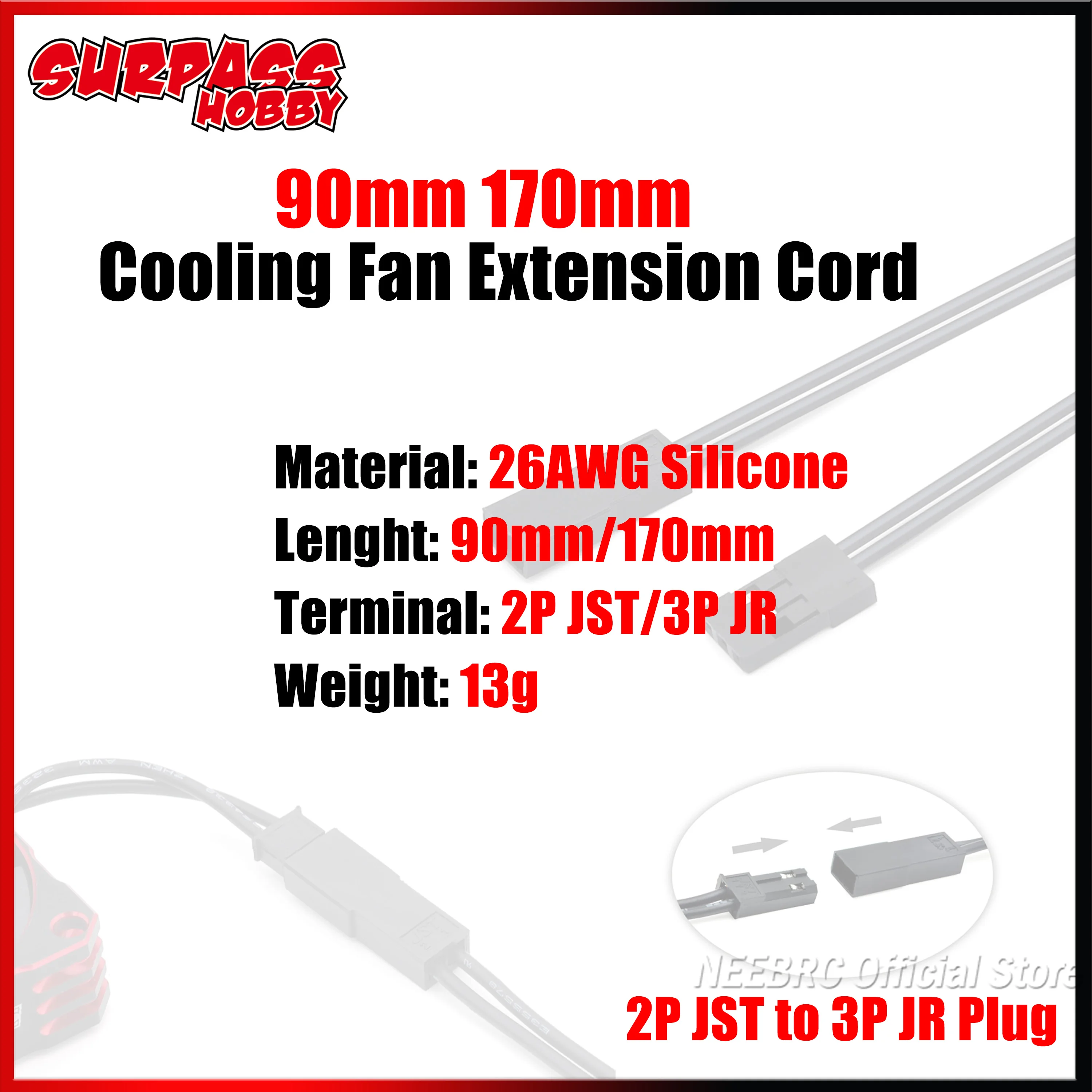 

Universal 90mm 170mm Cooling Fan Extension Cable 26AWG Silicone Wire 2P JST To 3P JR Plug for RC Car Truck Plane Aircraft Motor