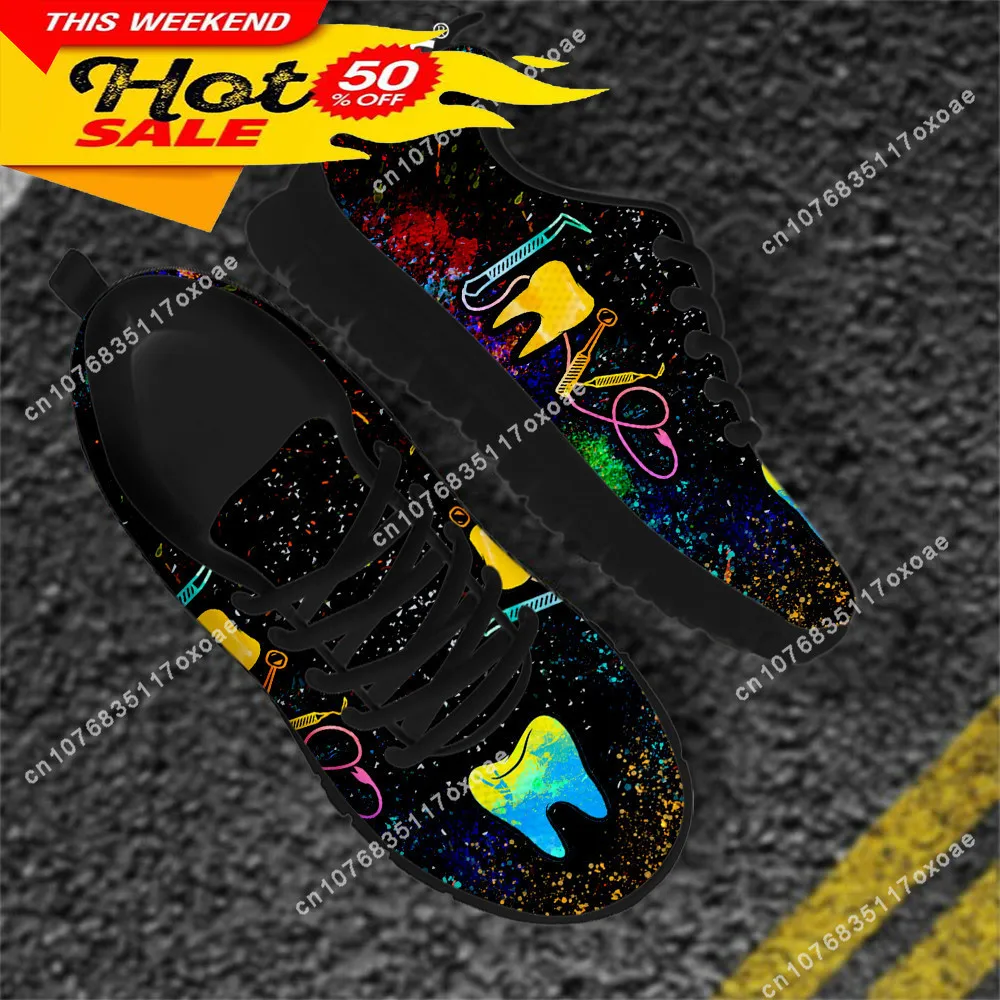 Casual Women Dental Shoes Black Sneakers Funny Tooth Tool Brand Design Spring Mesh Sneaker Footwear Lace Up Shoe