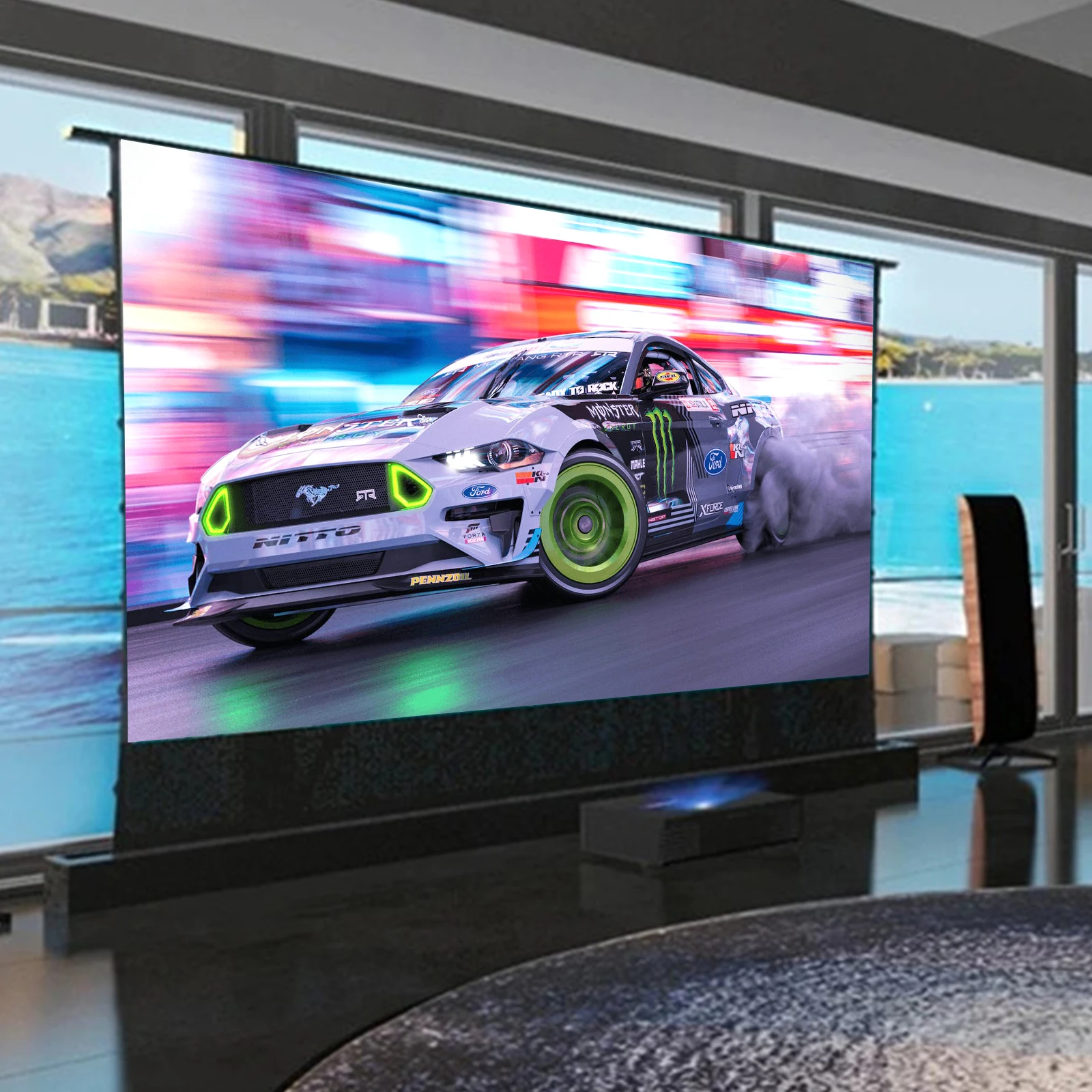

2026 New 150 Inch Max Electric UST ALR CLR Rollable Floor Rising Projector Screen T-prism Crystal Ambient Light Rejecting HD 8K