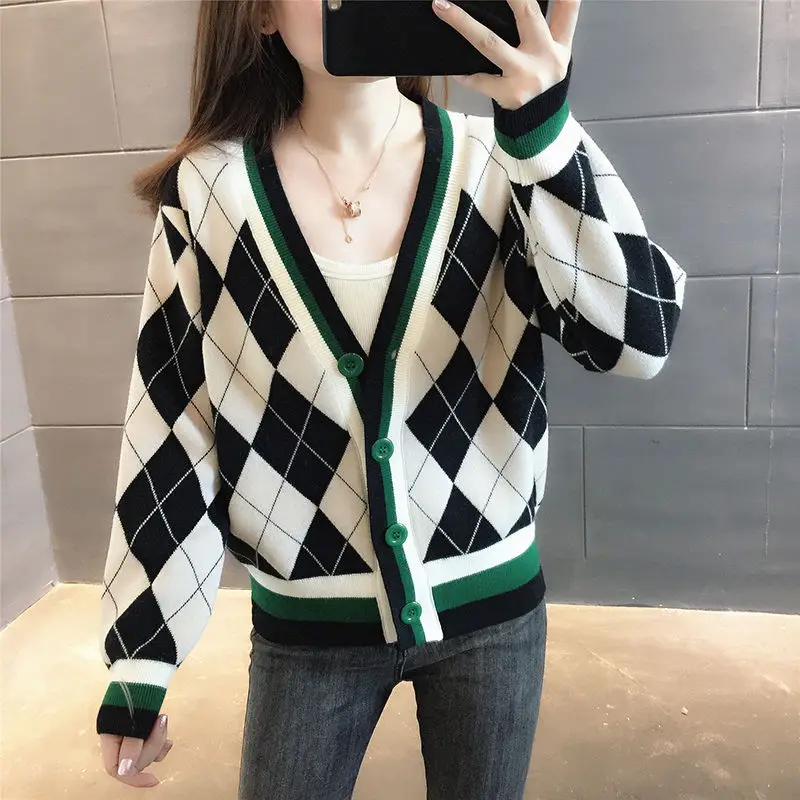 Jesień Modny Plaid Patchwork V-neck Dzianinowy Kardigan Damski Moda Guziki Sweter z długim rękawem Płaszcz Damski Odzież Topy