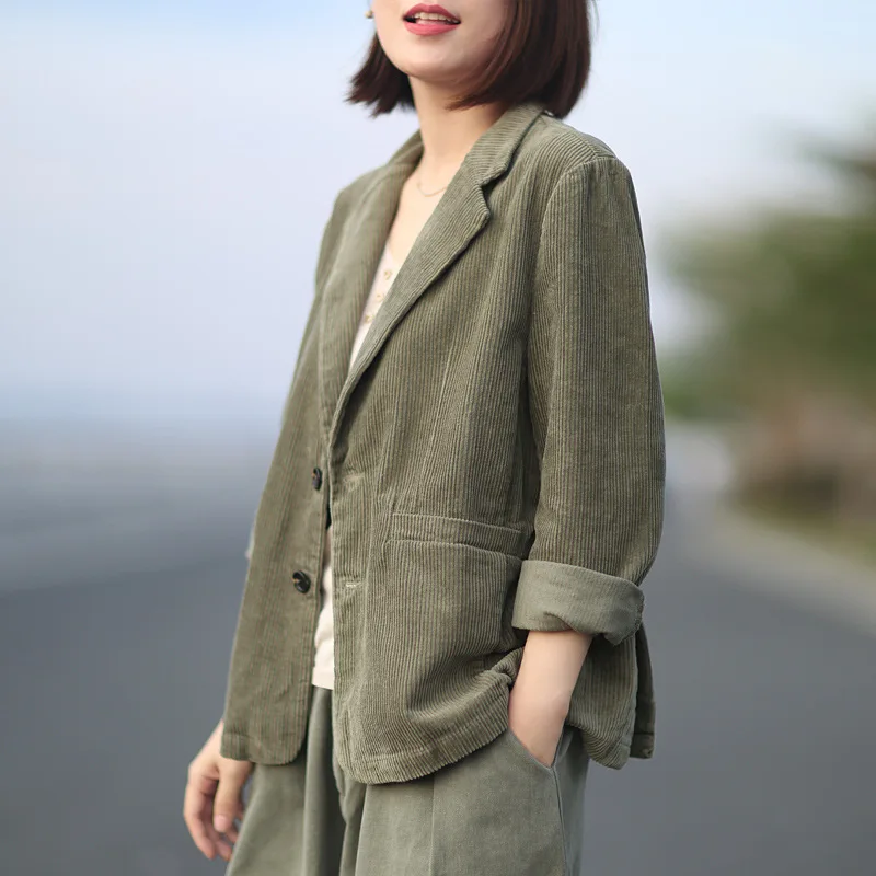 Careaymade-Spring Autumn New Arts Style Women Long Sleeve Loose Casual Blazers Coat Cotton Corduroy Vintage Solid Blazer