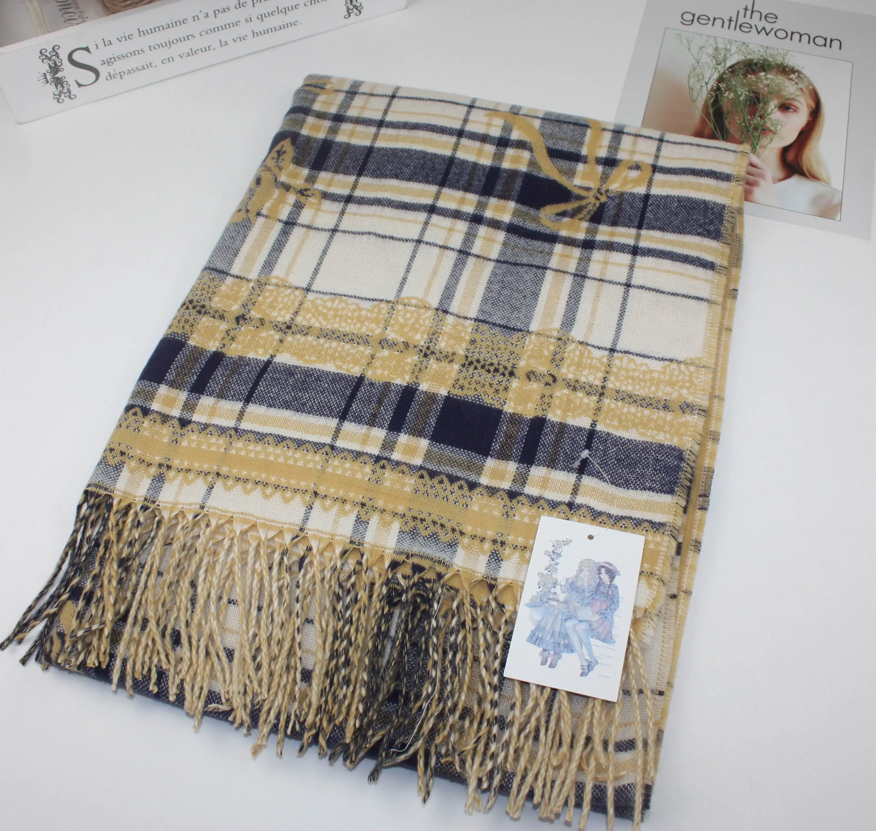 Lenço japonês novo xadrez jacquard bonito coelho arco novo inverno feminino quente dupla face cashmere xale lolita cachecol para gilrs