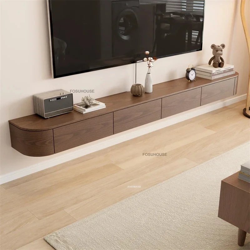 Solid Wood Suspended TV Stands Nordic Home Storage TV Cabinet Small Apartment Ambient Light Cabinet Retro Living Room Furniture