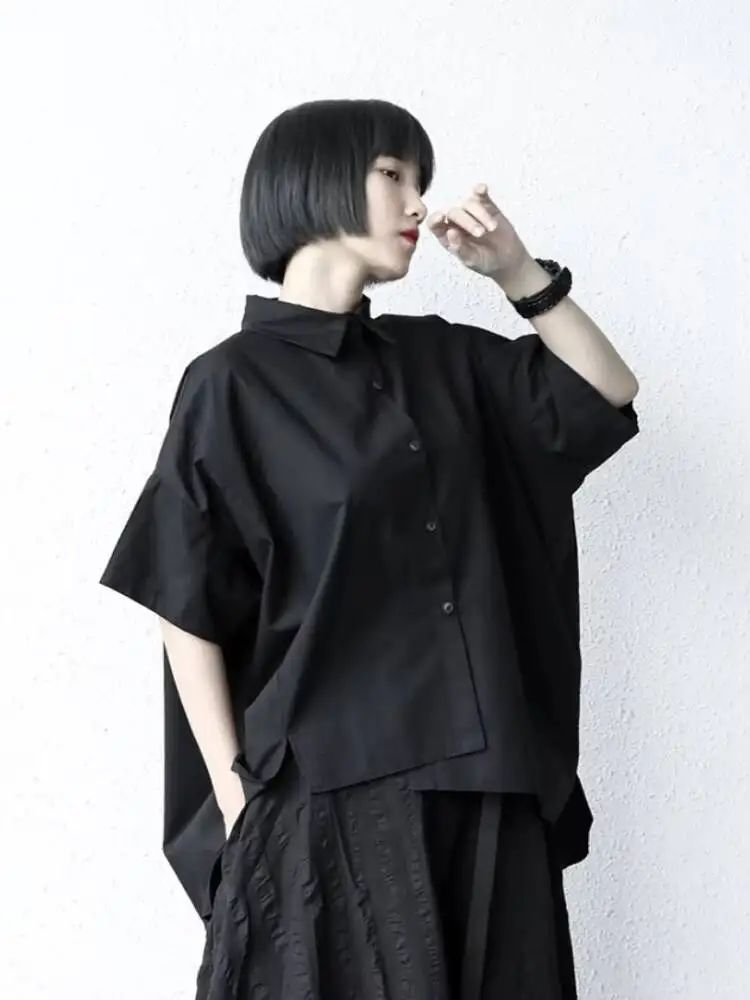 

Ladies Short Sleeve Shirt Summer Classic Dark Yamamoto Style Simple Irregular Design Casual Loose Large Size Shirt