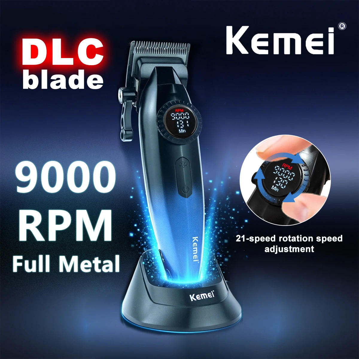 

Kemei KM-1867 Профессиональная машинка для стрижки волос для мужчин DLC Blade 9000 об/мин Цельнометаллический ЖК-дисплей с базовым зарядным устройством Машина для стрижки волос