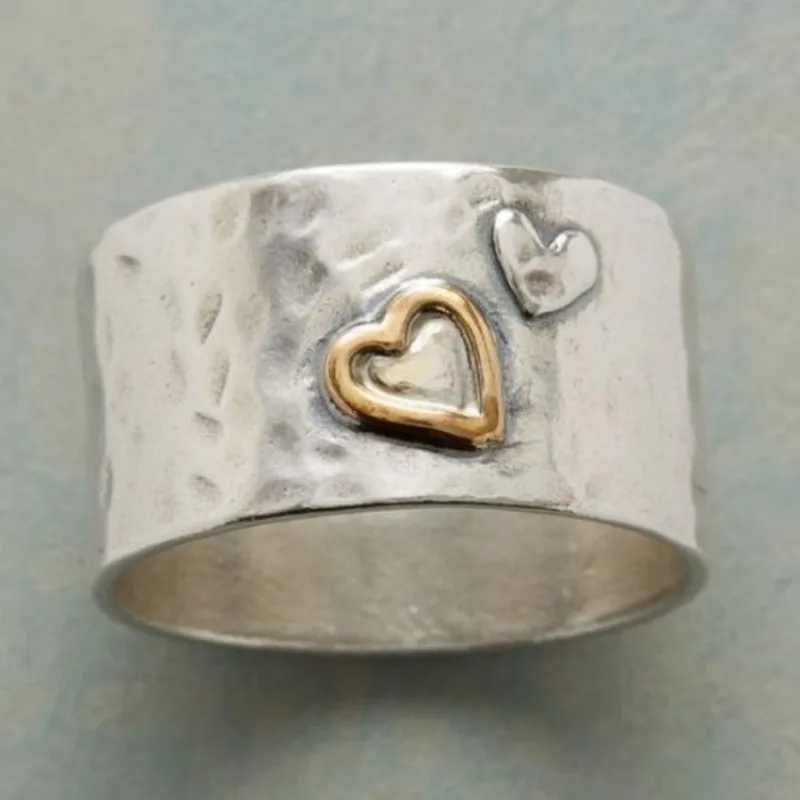 Vintage handgeschnitzter Herz-Damenring, ethnisch, zweifarbig, Metall, geometrisch, für den täglichen Gebrauch, Party-Schmuck, Jubiläumsgeschenk