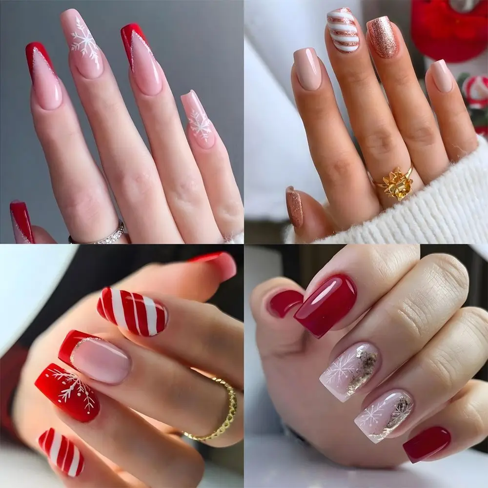 Impermeável francês unhas falsas para mulheres, manicure wearable, cabeça quadrada, cobertura completa, pressione sobre unhas, unhas dicas, Natal