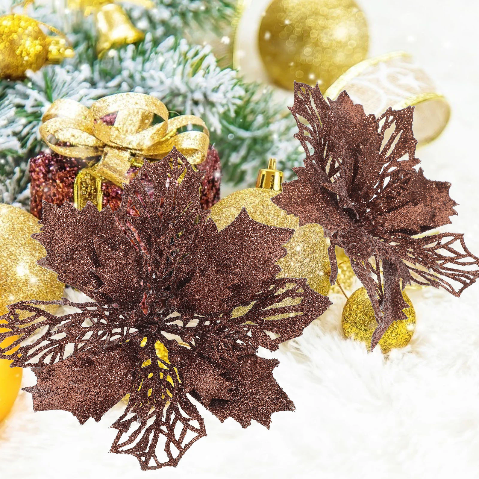 12 pçs vegetação guirlanda oco simulação flores planta árvore de natal pendurado pingente glitter poinsétia ornamento