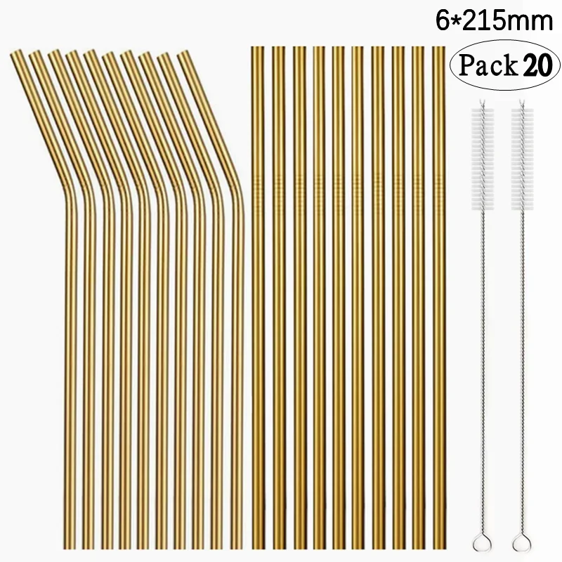 Set of 20 Colorful Reusable Metal Straws Stainless Steel Set Straws Eco-friendly Drinking Party Favor Bar Accessory