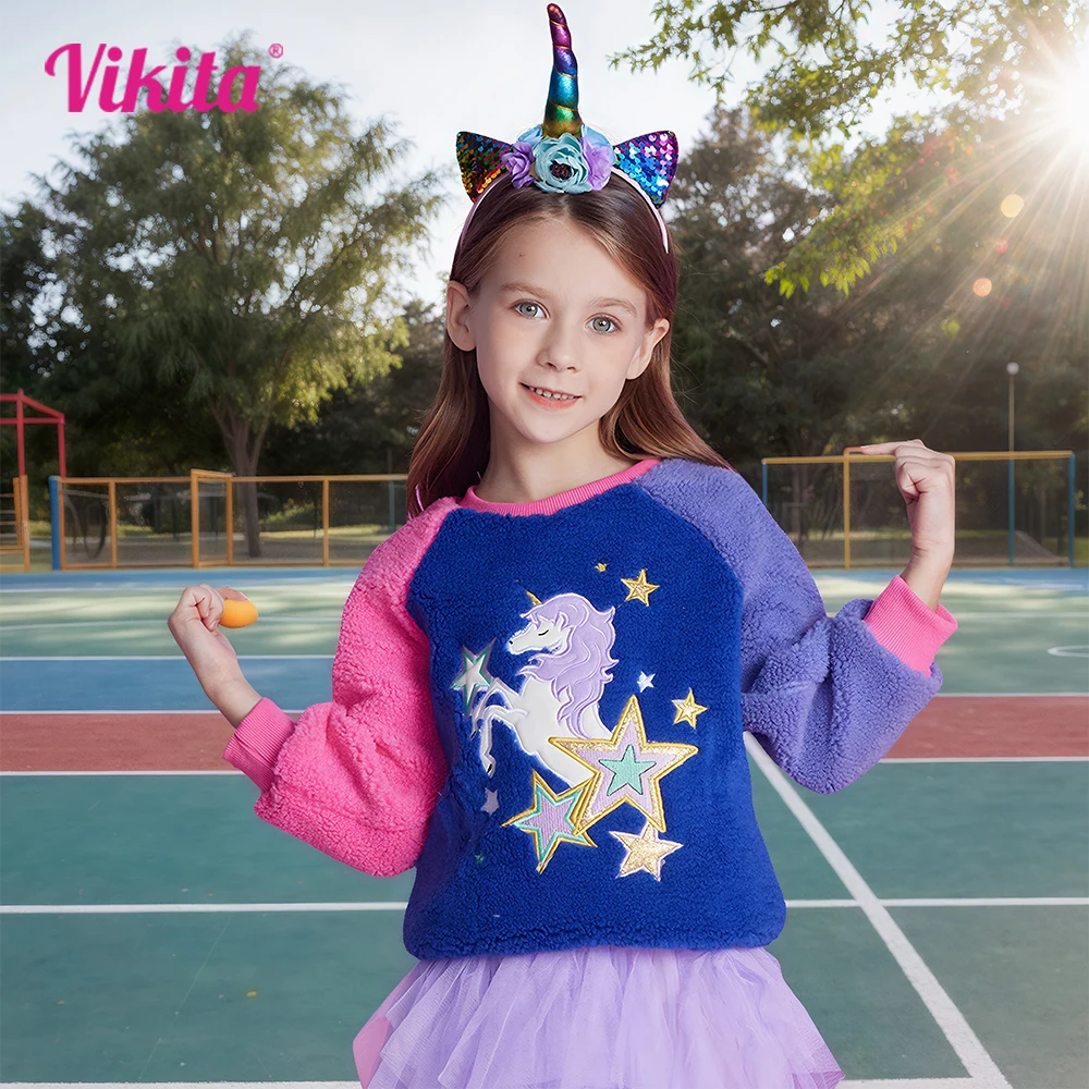 

VIKITA Kids Unicorn Star Graphic Appliqued Sweatshirt with Colorblock Sleeves Girls Fleece Soft Sports Casual Sweatshirt Tops