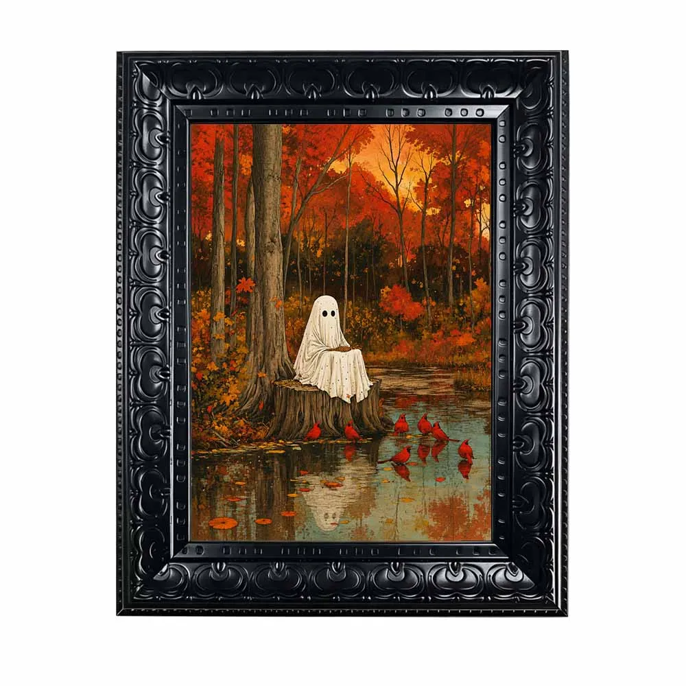 Framed Canvas Wall Art Vintage Ghost Autumn Forest Print, Red Cardinal Birds Painting for Halloween Fall Gothic Home Decor