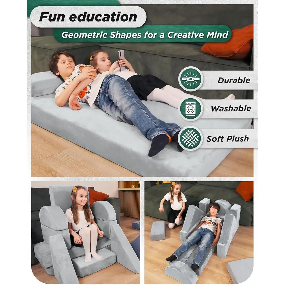 طقم أريكة للأطفال مكون من 11 قطعة باللون الرمادي، أثاث غرفة اللعب للأطفال الصغار، أريكة مقطعية قابلة للتحويل مع وسائد إسفنجية #6