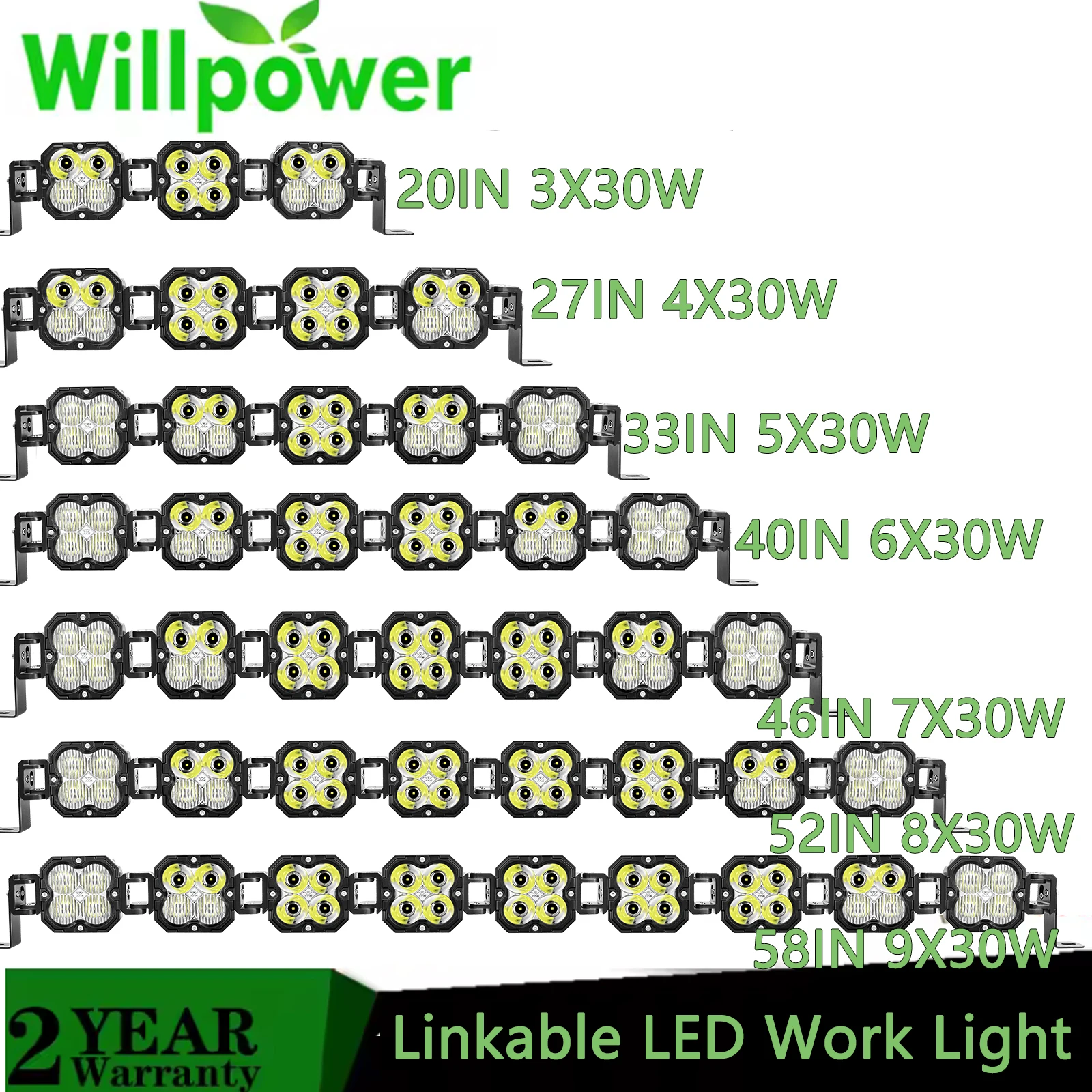 Willpower 20/27/33/40/46/52/58 inch LED Cube Pod Light Linkable Driving LED Light Bar for 4x4 Auto Truck ATV Car Offroad 5500K