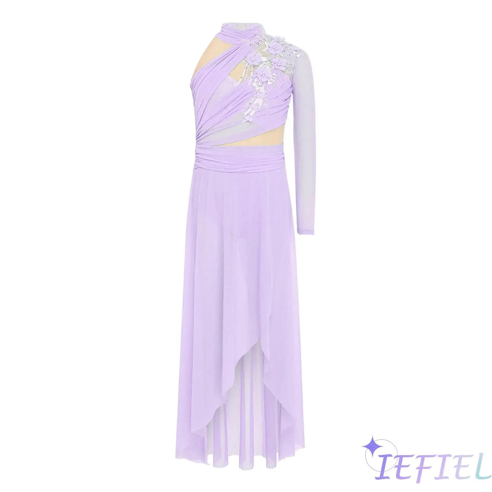 

Kids Girls Ice Skating Dance Performance Outfit Applique Artistic Ballet Dress Keyhole Back Side Split Dress Lyrical Dancewear