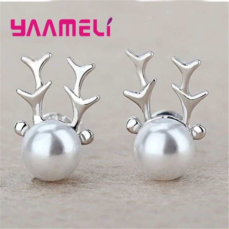 Lovely 925 Sterling Silver Deer Antlers Design Pearl Stud Earrings for Women Girls Anniversary Party Fashion Jewelry Gifts
