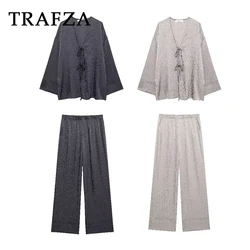 TRAFZA 2024 Casual Solid Women Suits Lace-up Loose Draped Shirt+Elastic Waist Pockets Long Loose Pants Fashion Women Suits