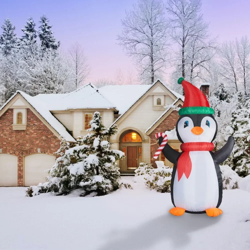 Christmas Inflatable 10-Ft Tall Pre-Lit Penguin and Candy Cane with RGB Lights and Storage Bag Outdoor Christmas Inflatable