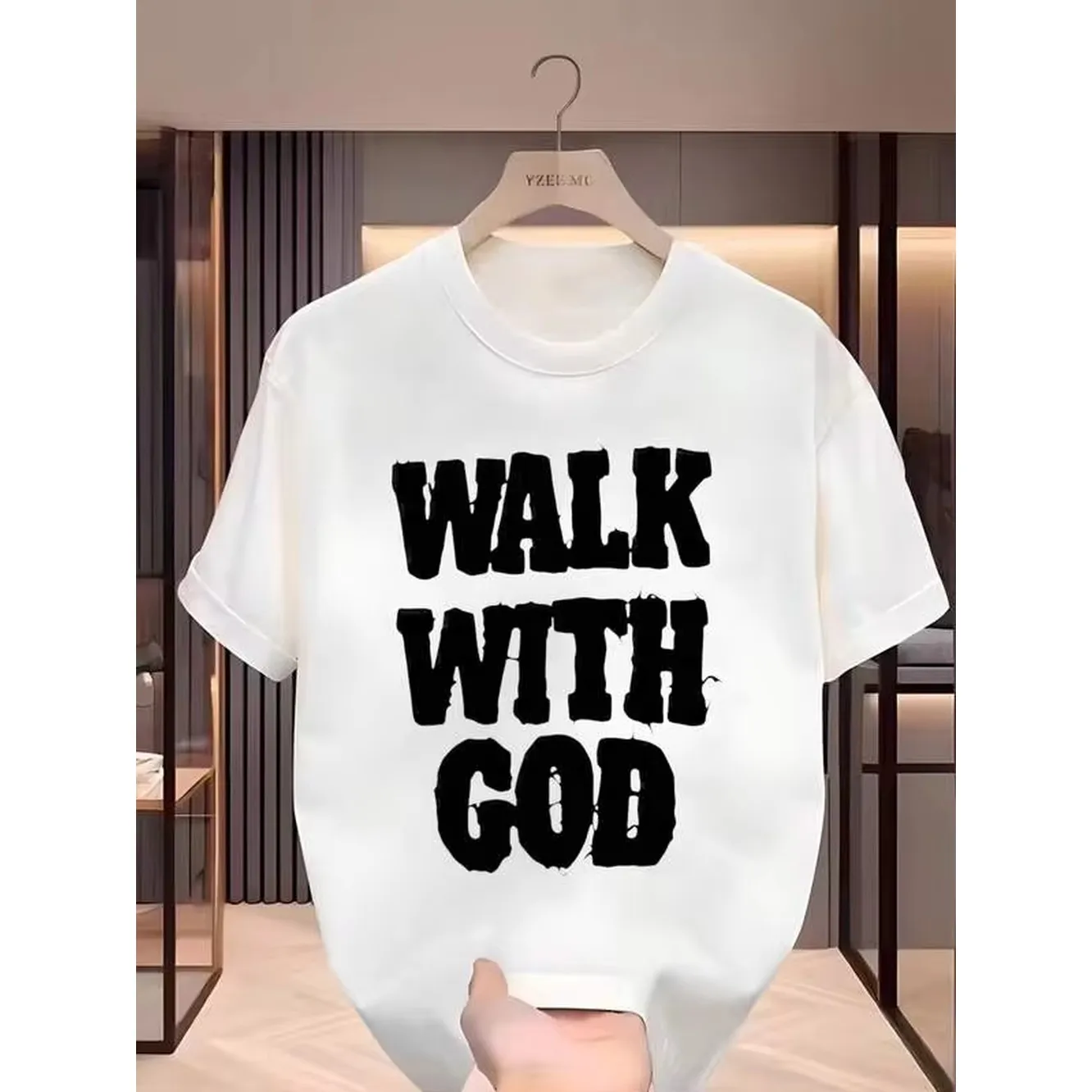 Crew Neck Graphic Cotton T Shirt For Men Black White Options, Walk With God Oversized Tees Casual Wear, Spring Short Sleeve Loose Fit Tops, Summer Fashion Basic Shirts, Clothes Gift For Men