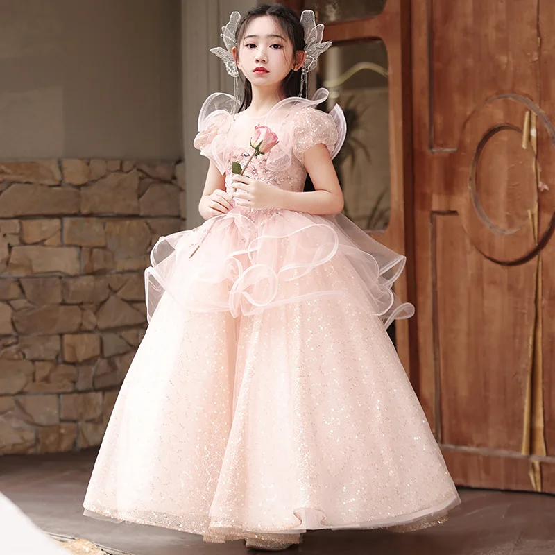 2024 Sequin Girl Princess Dress Bubble Sleeves Girls Evening Dresses Fairy Elegant Long Costume Waist Tight Child Maxi Vestidos