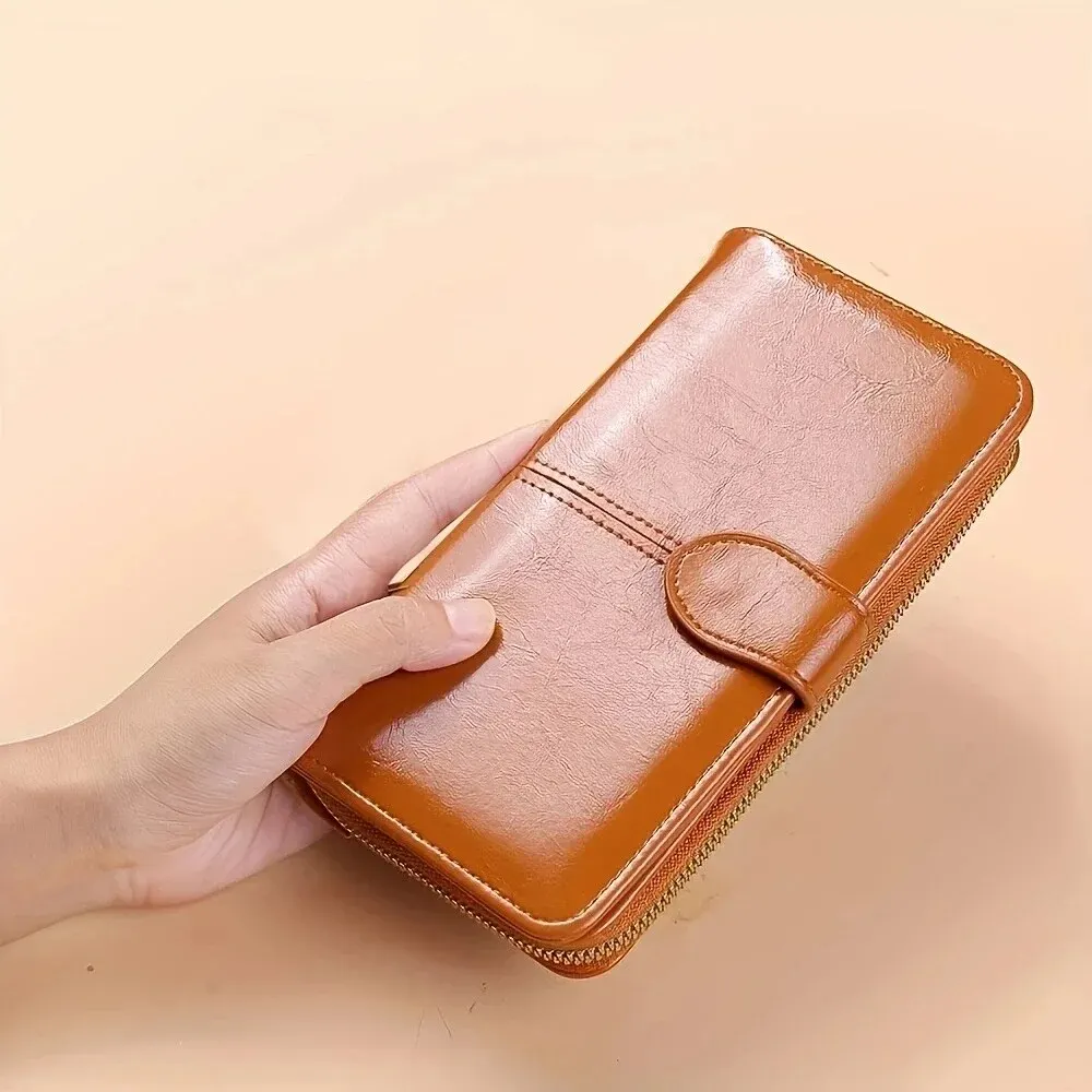 Portfel damski Vintage Oil Wax PU Leather Clutch Wallet Female Large Capacity Phone Purse Ladies Wristband Simple Card Holder Pouch Bag