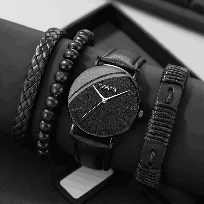 4Pcs/set Fashion Casual Men Sports Style Trend Quartz Wristwatch and Bead Bracelet Set Gift for Friends Relogio Masculino