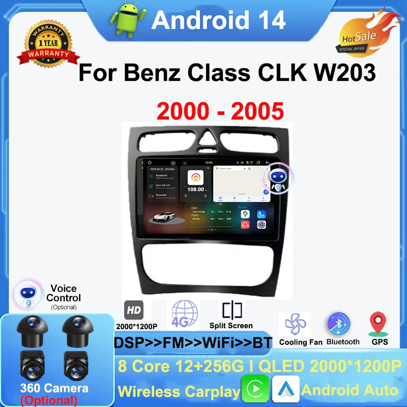 For Benz Class CLK W203 S203 2000 - 2005 android 14 auto Wireless Carplay Car Radio Multimedia Video Player GPS Navigation