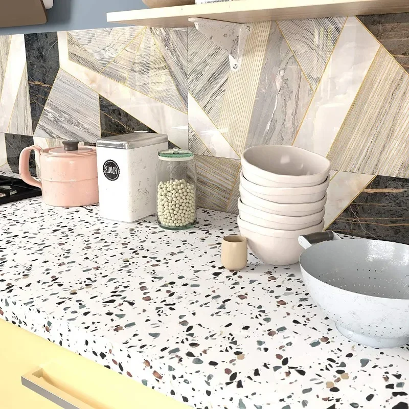 Terrazzo Contact Paper White Waterproof Self Adhesive Wallpaper Roll Granite Countertop Decor Peel and Stick Sticker for Kitchen