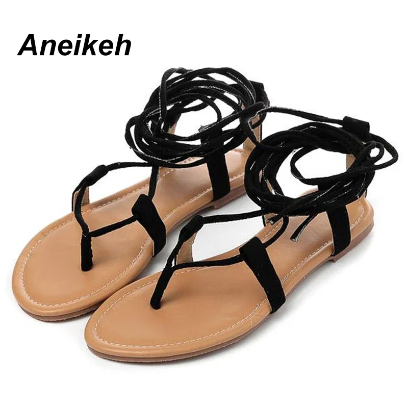 Aneikeh 2024 Summer Roman Flip flops Sandals Multiple Cross-Strap tall knee high Bondage Thong Designer Faux Suede Women Sandals