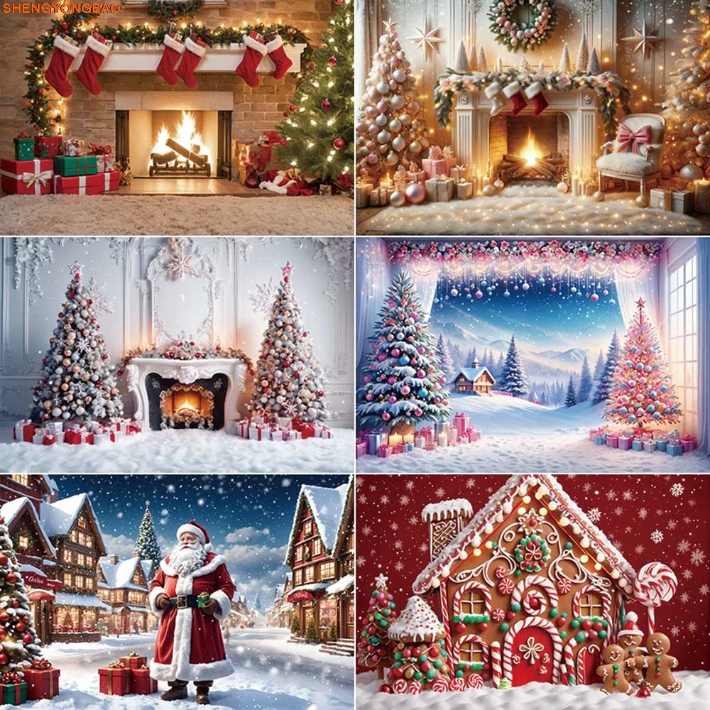 

Christmas Fireplace Photography Backdrop Winter Snow Xmas Man Photozone Background Children Studio Photobooth Props