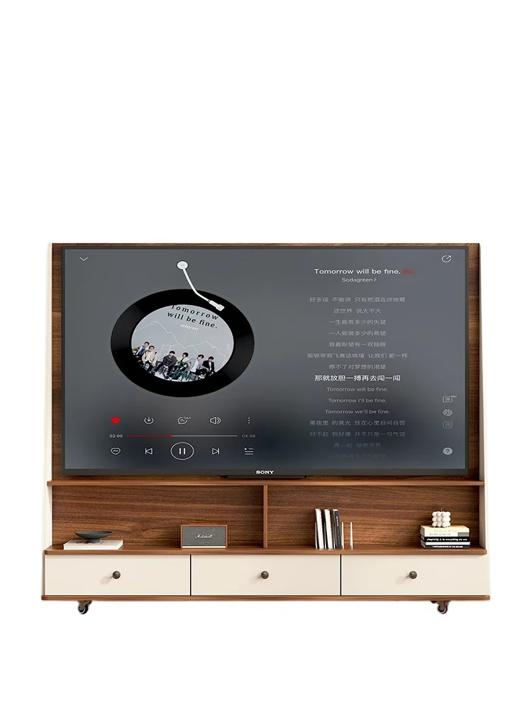 

Solid wood TV cabinet living room household small apartment storage drawer mobile universal wheel floor rotating TV bracket
