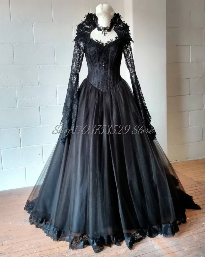 Classic Black Gothic Wedding Dress Medieval Vintage Lace Applique Victorian Corset Ruffle Tulle Tie Rococo Hochzeitspartykleid