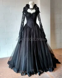 Classic Black Gothic Wedding Dress Medieval Vintage Lace Applique Victorian Corset Ruffle Tulle Tie Rococo Hochzeitspartykleid