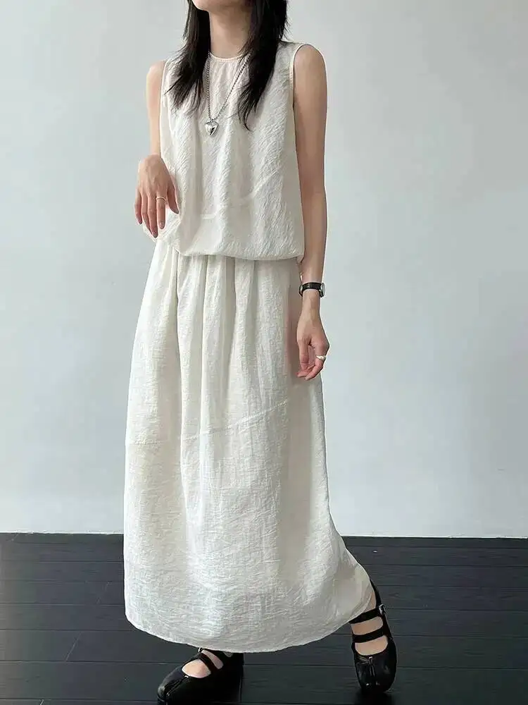 Beige Big Size Tank Top Half-body Skirt Two Pieces Suit New Round Neck Women Fashion Tide Spring Summer