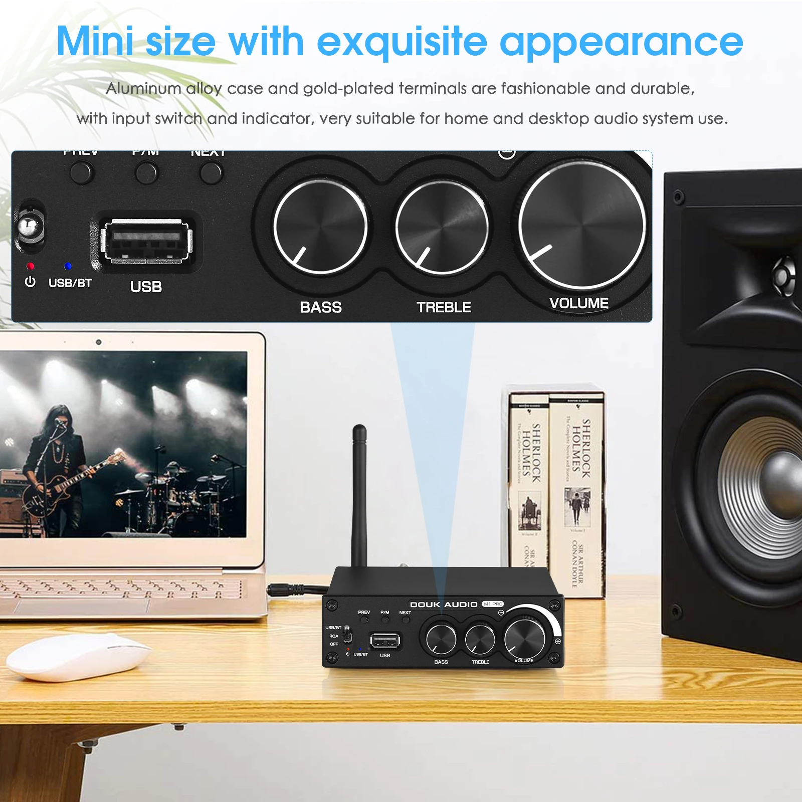 Douk audio Bluetooth 5.0 Power Amplifier Stereo 2.0 Ch Subwoofer Amp Treble Bass Adjust USB Lossless Music Player 320W
