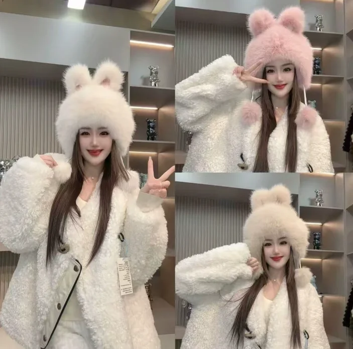 Warm Rabbit Ear Plush Cap Women's Winter New Style Korean Version Overhead Ear Protection Hat Adorable Japanese Style Gift H2