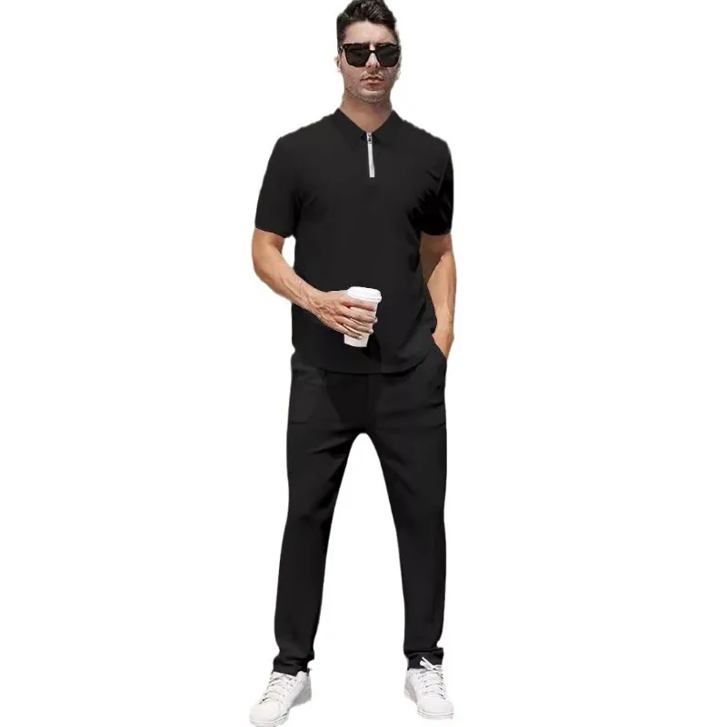 2025 Men's Casual Sports Suit Lapel Zipper Short Sleeve Pants Casual Fashion POLO Shirt Top