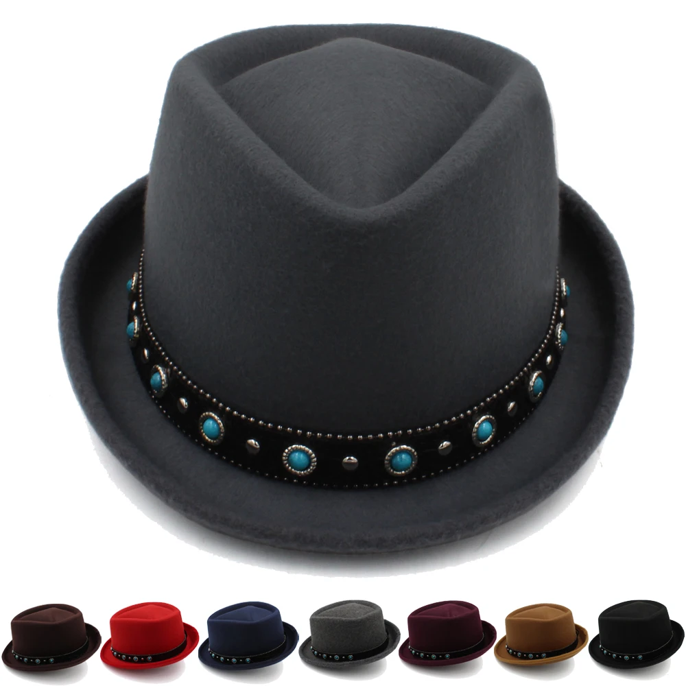 Men Women Woolen Diamond Top Pork Pie Hats Fedora Trilby Sunhat Street Style Classical Caps Travel Outdoor Size US 7 1/4 UK L