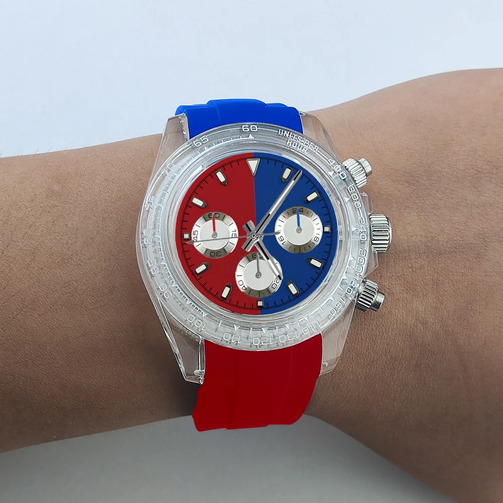 Cronografo da uomo VK63 da 39,3 mm, nuovo orologio modificato, cassa in plastica trasparente, cronografo VK63, orologio di lusso in vetro, bracciale in gomma