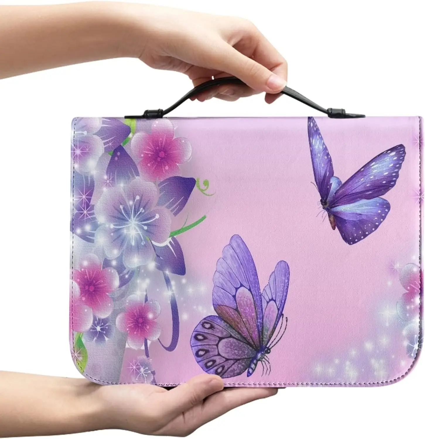 

Flowers Butterfly Print Leather Bible Storage Bag for Women Men Handle Handbags Bible Hymns Bible Cover Case Carrying Bag