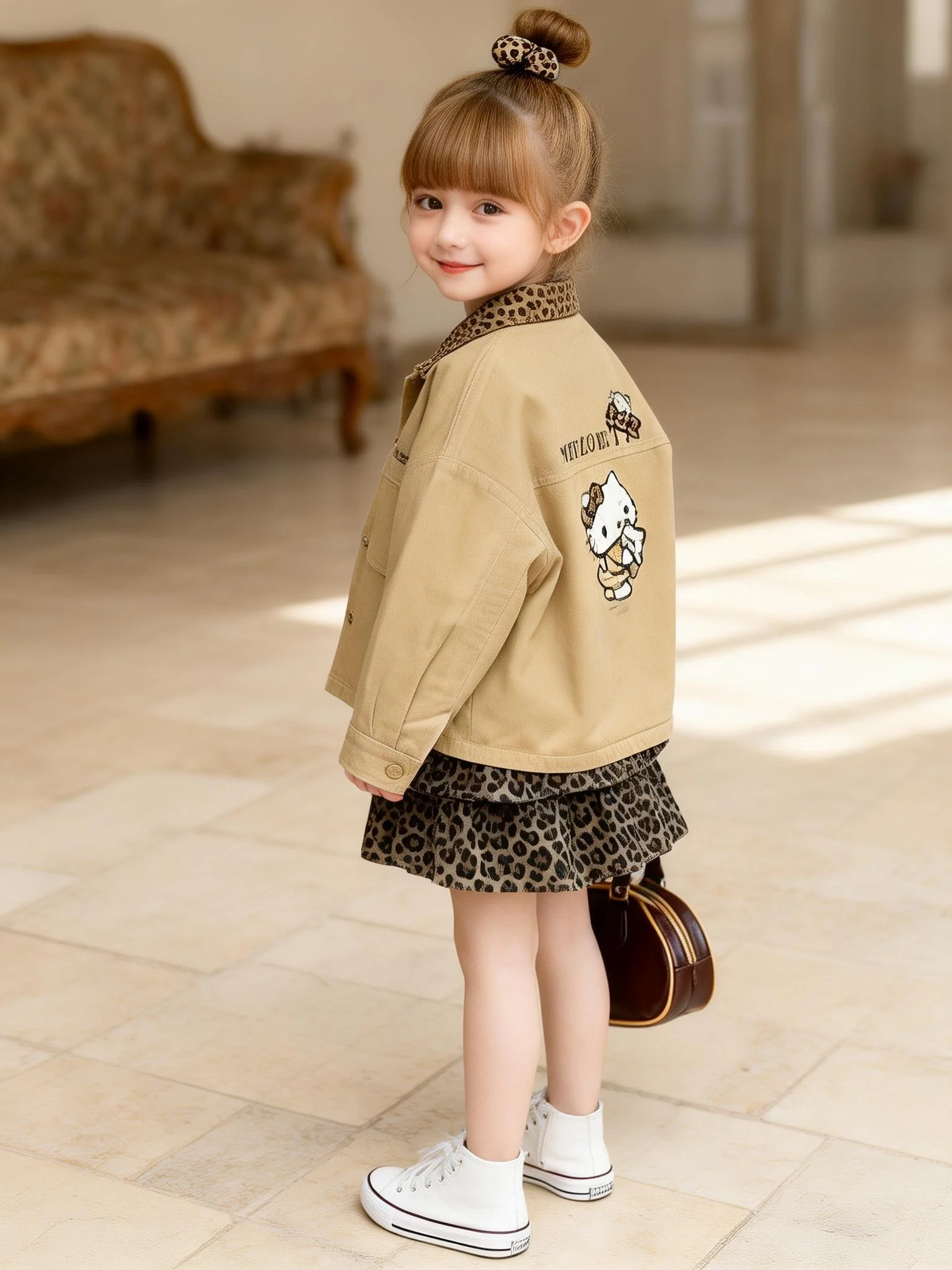 女の子春秋ジャケット3点セットおしゃれなヒョウ柄ターンダウンカラー子供服韓国風子供服
